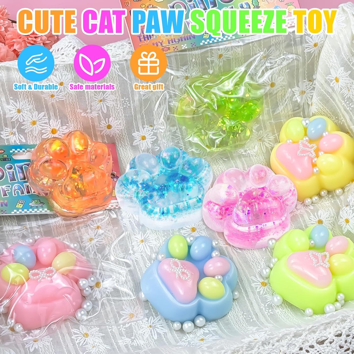 4Pcs Taba Squishies Paw, Cat Paw Squishies Toy, Clear Sticky Squeeze Toys, Soft Silicone Fidget Sensory Toys for Stress Relief, Cute Things Party Favors & OPP Packaging Gifts for Adults Kids