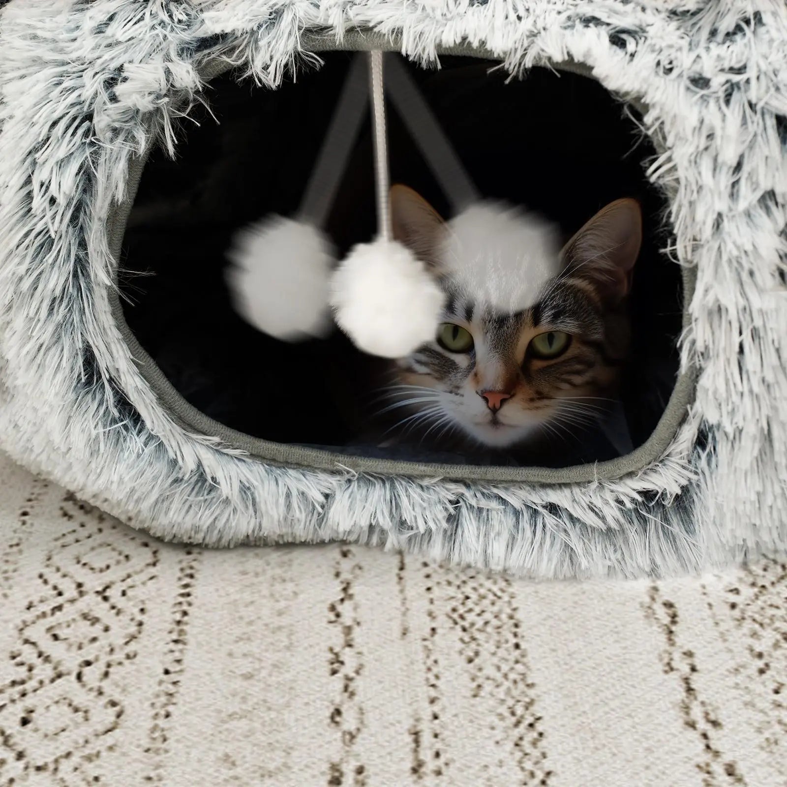 Winter Warm Pet Bed, 2-In-1 Foldable Cat Kittens Tunnel & Bed, Warm Plush Cat Bed with Hanging Ball & Tunnel Buckle, Pet Supplies for Indoor & Outdoor Use #GLOBAL PICKS